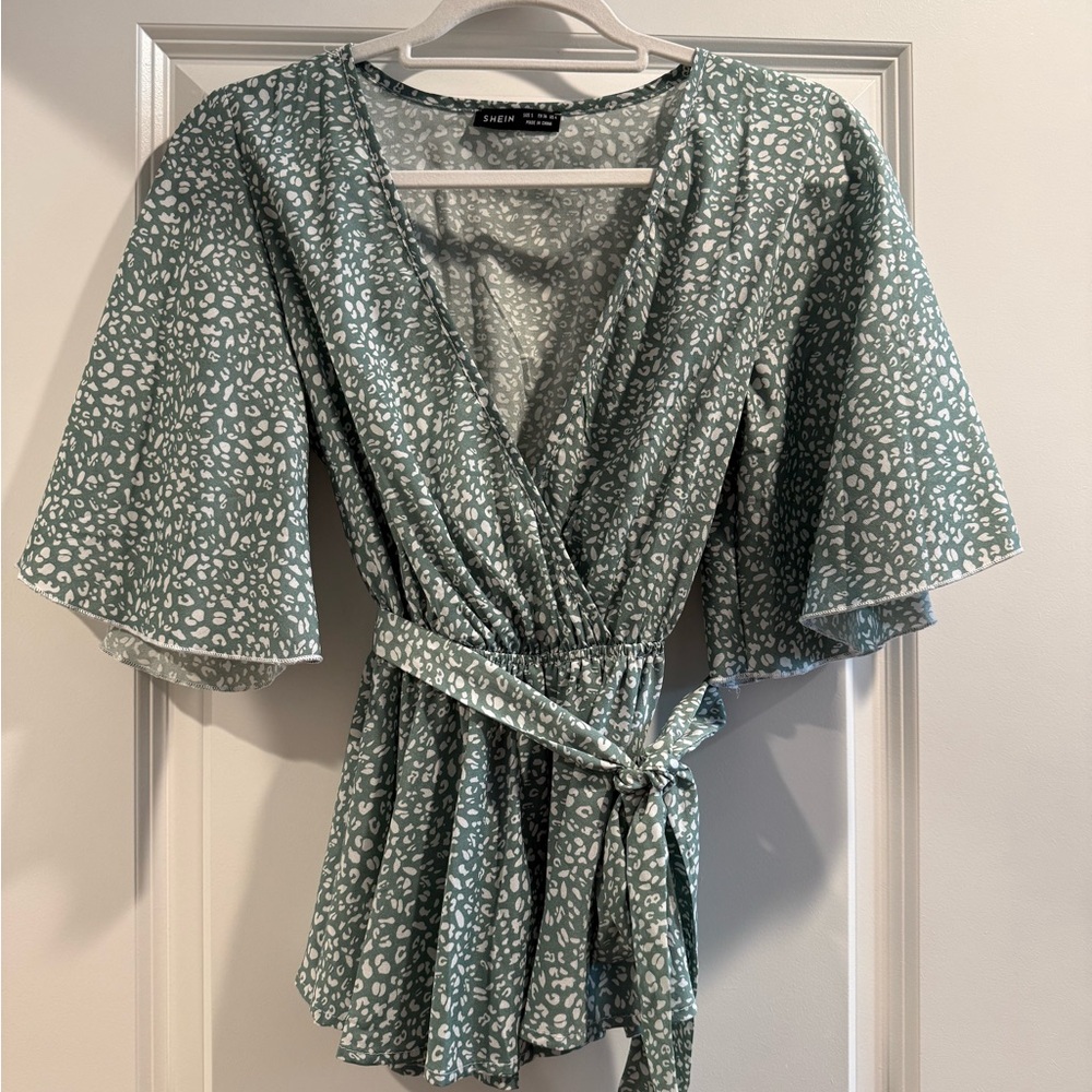 SHEIN Sage Green Floral-Spot Wrap Blouse